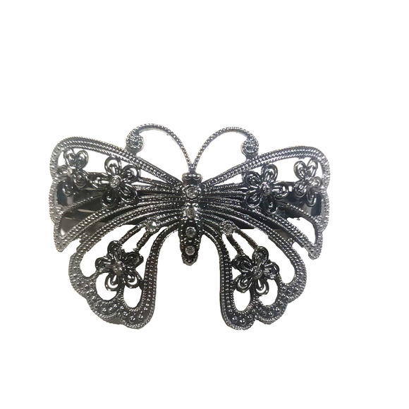 Hair Tension Clip Black Silver Tone Rhinestone Butterfly Garden Floral - Picture 2 of 5